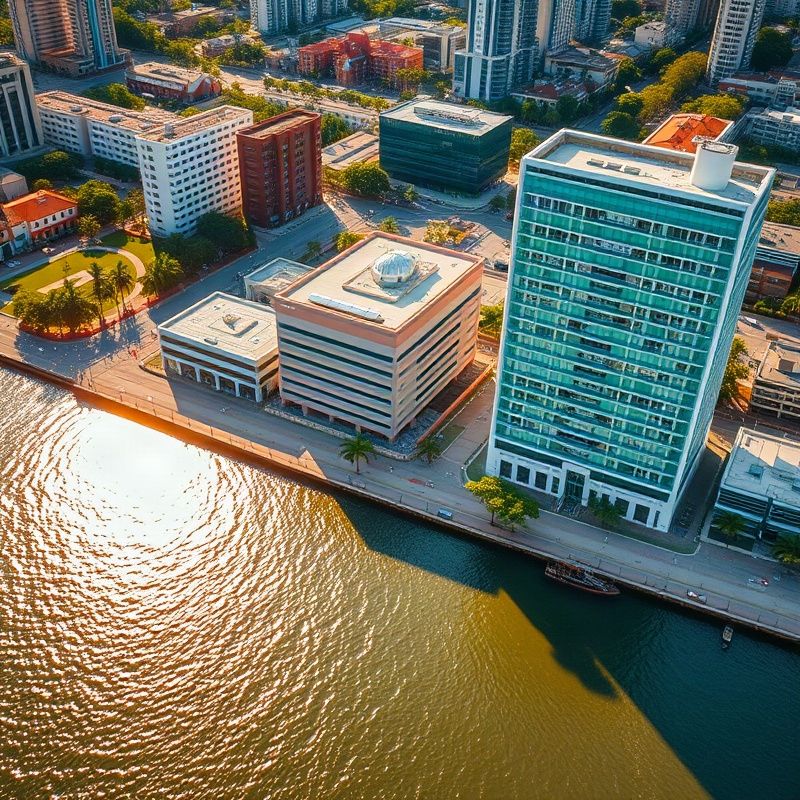 Vista aérea de Recife ao entardecer com o rio Capibaribe e edifícios modernistas
