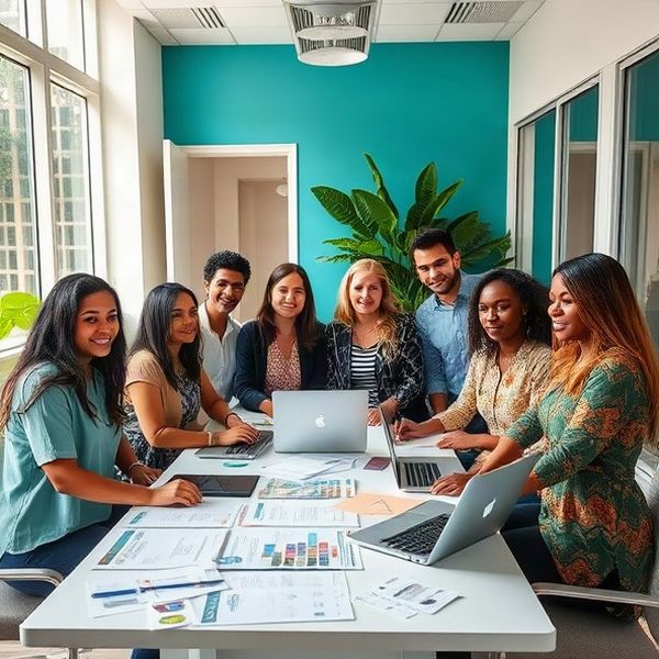 Equipe editorial do Pixeltpanda em torno de uma mesa com relatórios e laptops