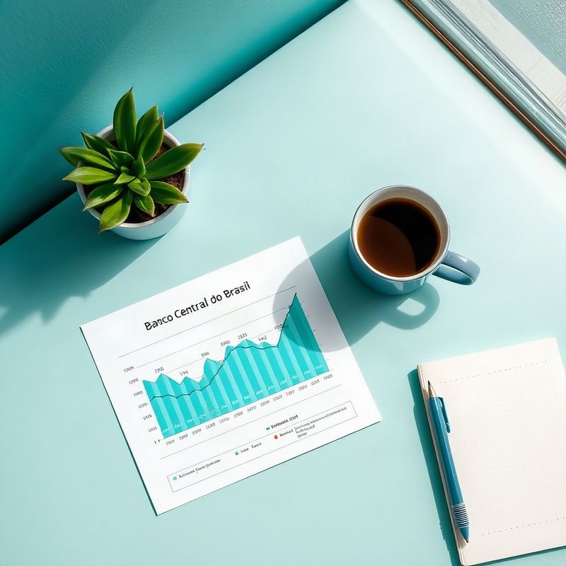 Relatório impresso com gráfico da taxa Selic sobre mesa com café e caderno